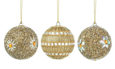 Golden Beaded Ball Ornament Trio - crazydecor