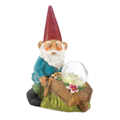 Gnome With Wheel Barrow Solar Statue - crazydecor