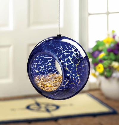 Blue Speckled Glass Bird Feeder - crazydecor