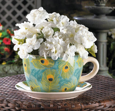 Peacock Feather Teacup Planter - crazydecor