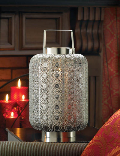 Tall Silver Lace Design Candle Lamp - crazydecor